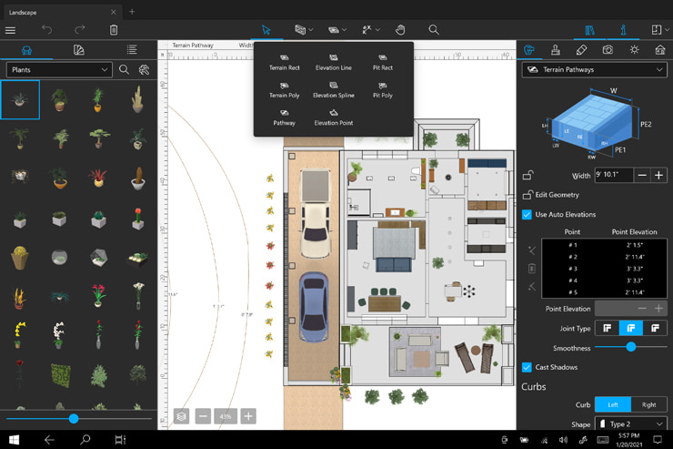 2D view with terrain tools in Live Home 3D for Mac