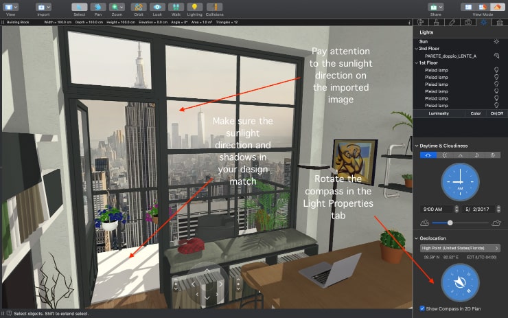Adjusting shadow direction in Live Home 3D for Mac