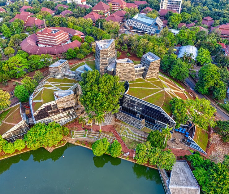 Contemporary building with a green roof.