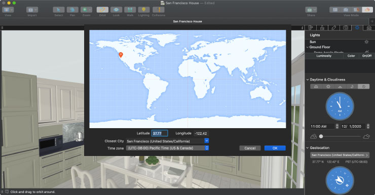 Choosing geolocation in Live Home 3D for Mac