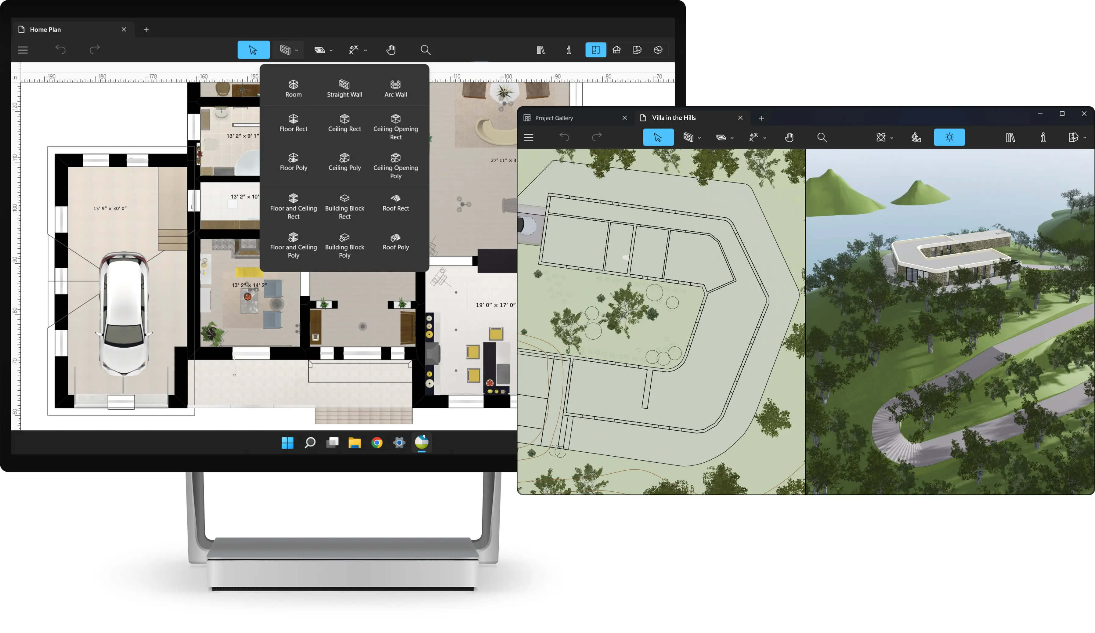 2D Plan View and Split Mode of Live Home 3D for Windows.