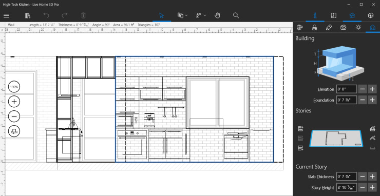 Elevation view of a kitchen in Live Home 3D Pro for Windows