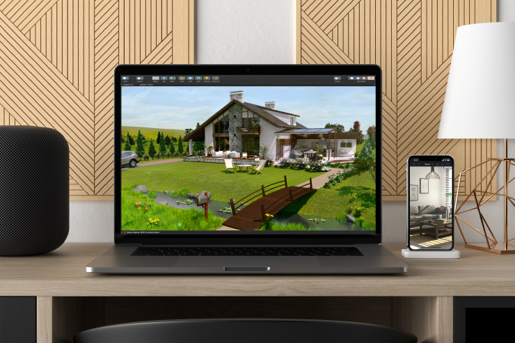 Live Home 3D garden design app opened on Mac and iPhone devices