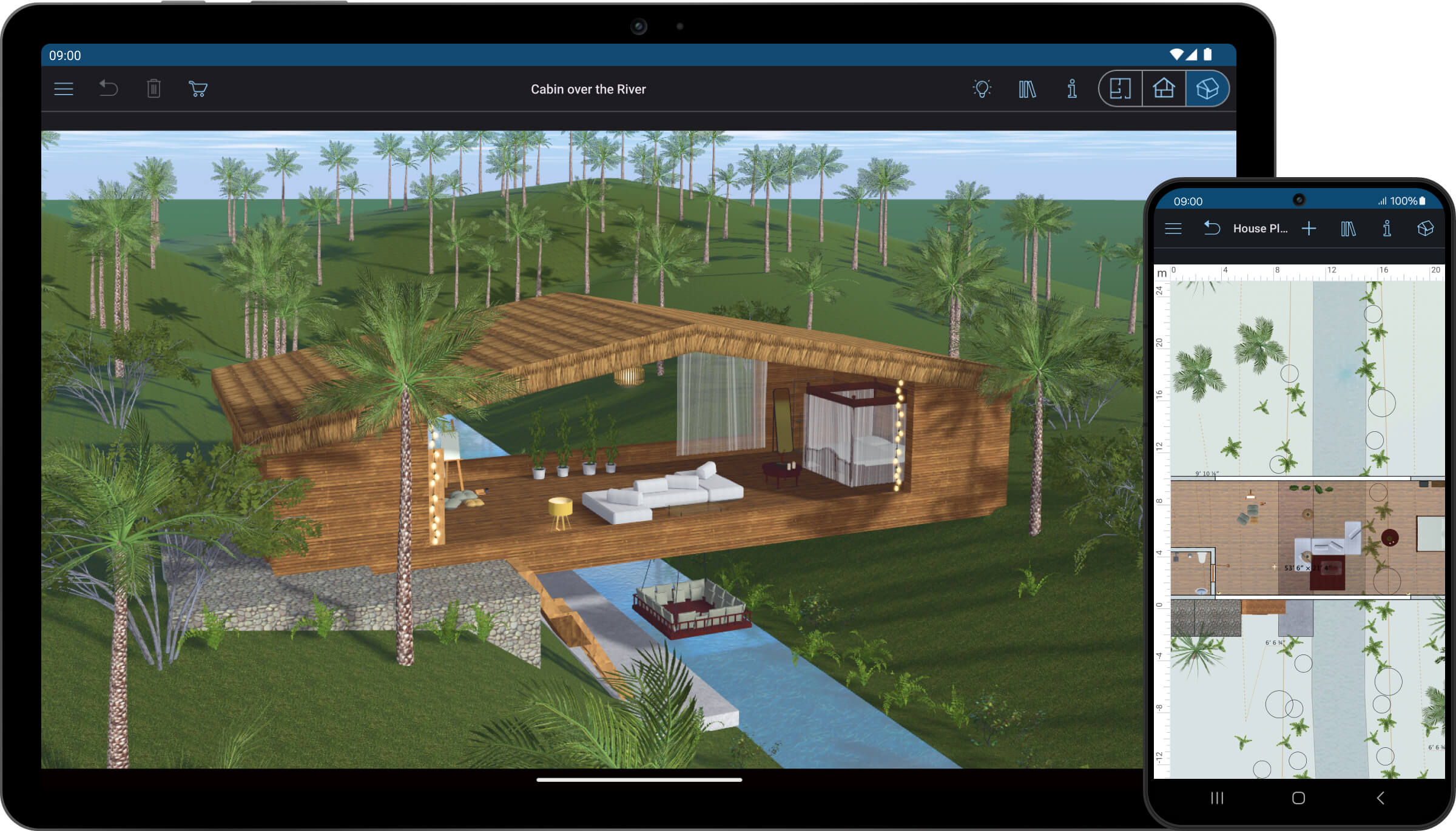 Landscape creation and terrain editing in Live Home 3D for Android.