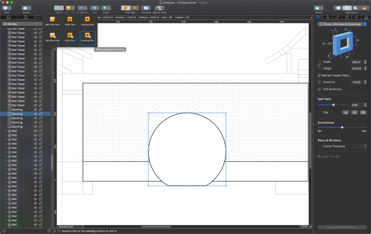 Creating moon-shaped openings in the walls of siheyuan in Live Home 3D for Mac.