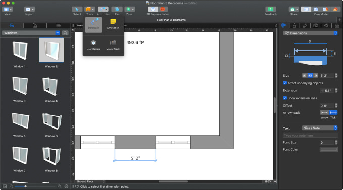 A floor plan with the selected Dimension tool in Live Home 3D Pro for Mac