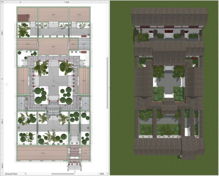 Split view of a traditional Chinese manor siheyuan in Live Home 3D for Mac.