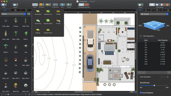 A screenshot showcasing the terrain editing process in 2D view opened in Live Home 3D for Mac