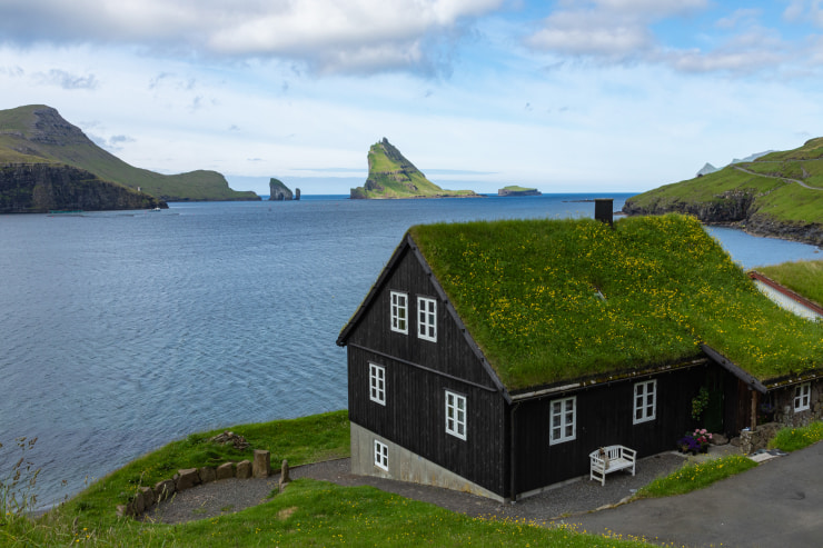 Traditional house with a green roof.