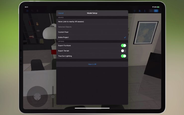 View in AR dialog of Live Home 3D Pro for iPad