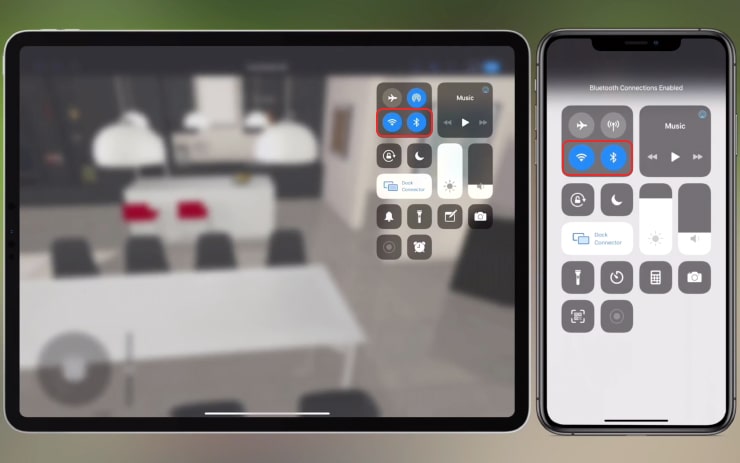 Wi Fi and Bluetooth turned on on the iPad and iPhone for sharing AR experience across multiple devices