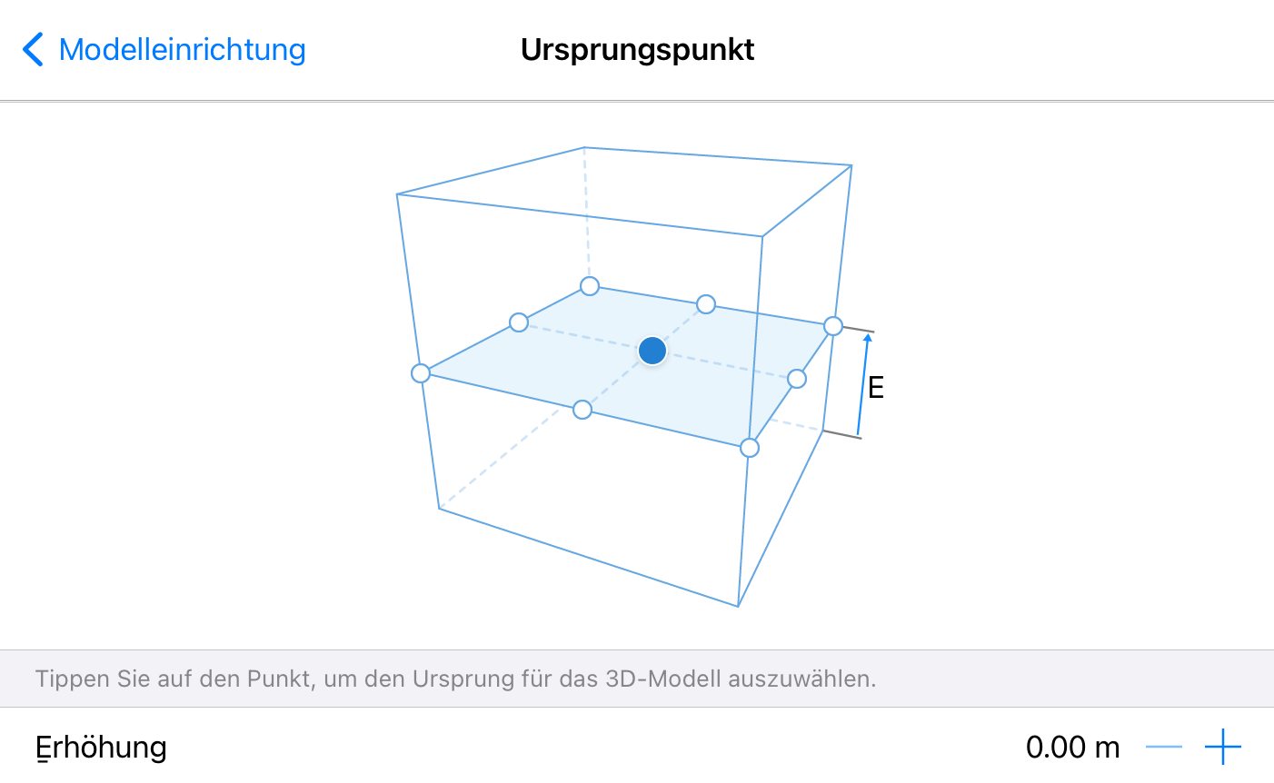 Einstellungen zum Festlegen des Ursprungspunkts und der Erhöhung des 3D-Modells in AR.