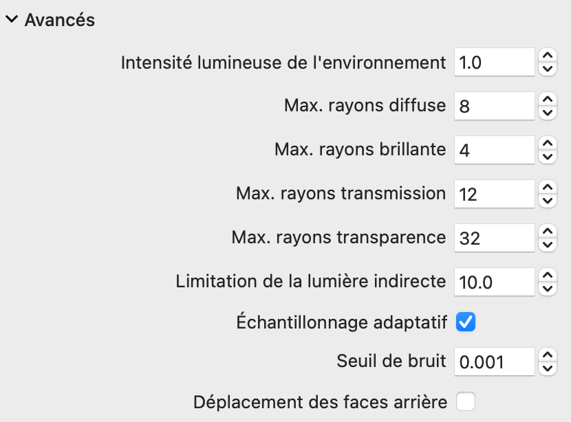 Réglages avancés du moteur de rendu Cycles