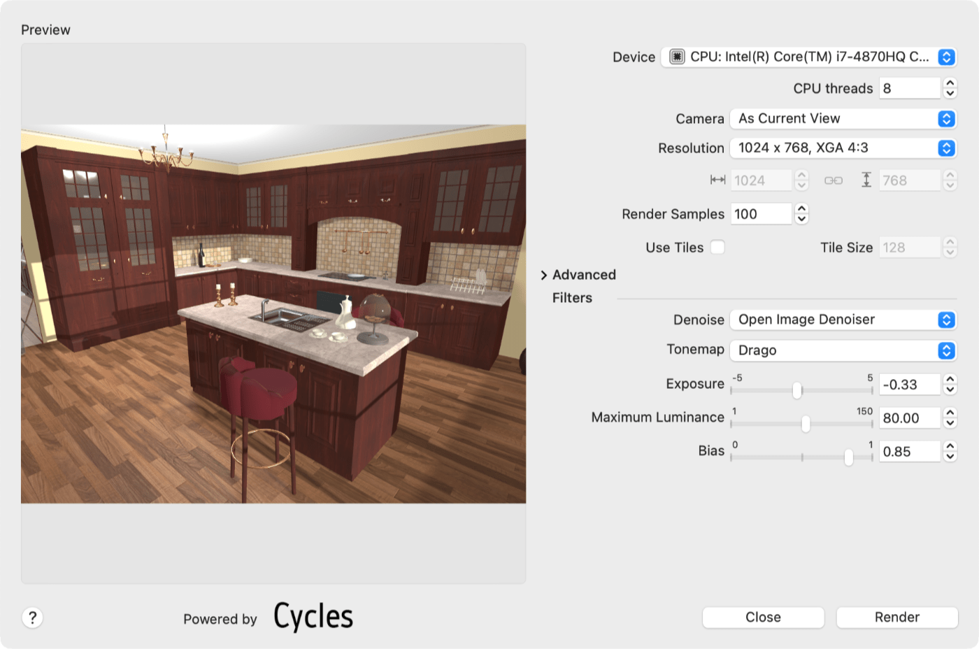 Settings of the Cycles renderer