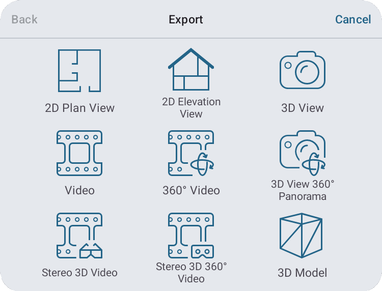 The Export popover lists the floor plan, 3D view and other export options.