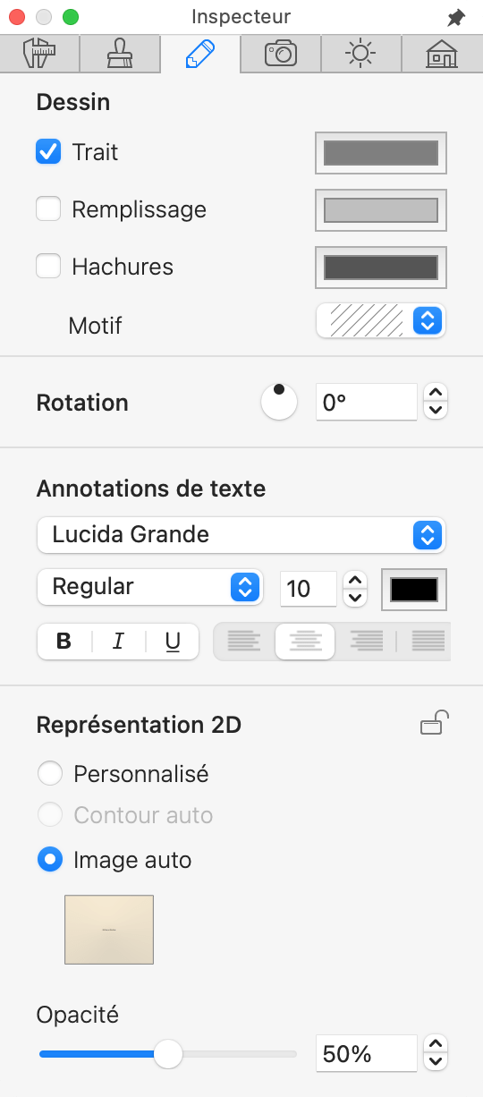 Propriétés 2D dans l’inspecteur