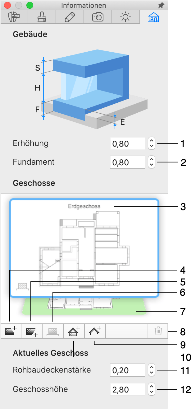 Registerkarte „Gebäude“ im Informationsfenster