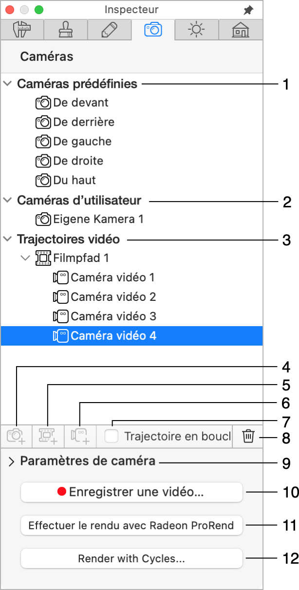 Propriétés des caméras