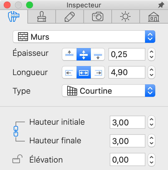 Propriétés d’une courtine dans l’inspecteur.
