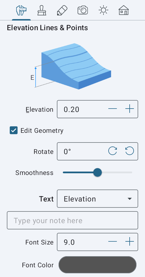 Properties of the Elevation Line object in the Inspector.