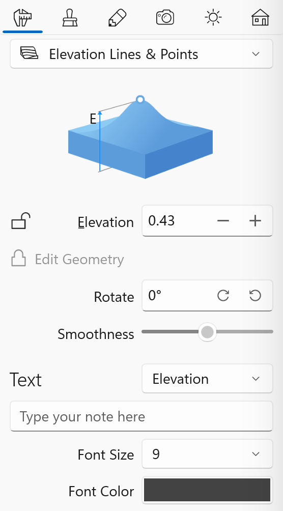 Properties of the Elevation Point object in the Inspector.