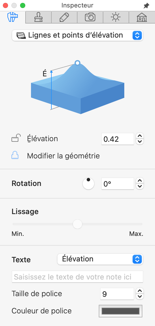 Propriétés de l’objet Point d’élévation dans l’inspecteur.