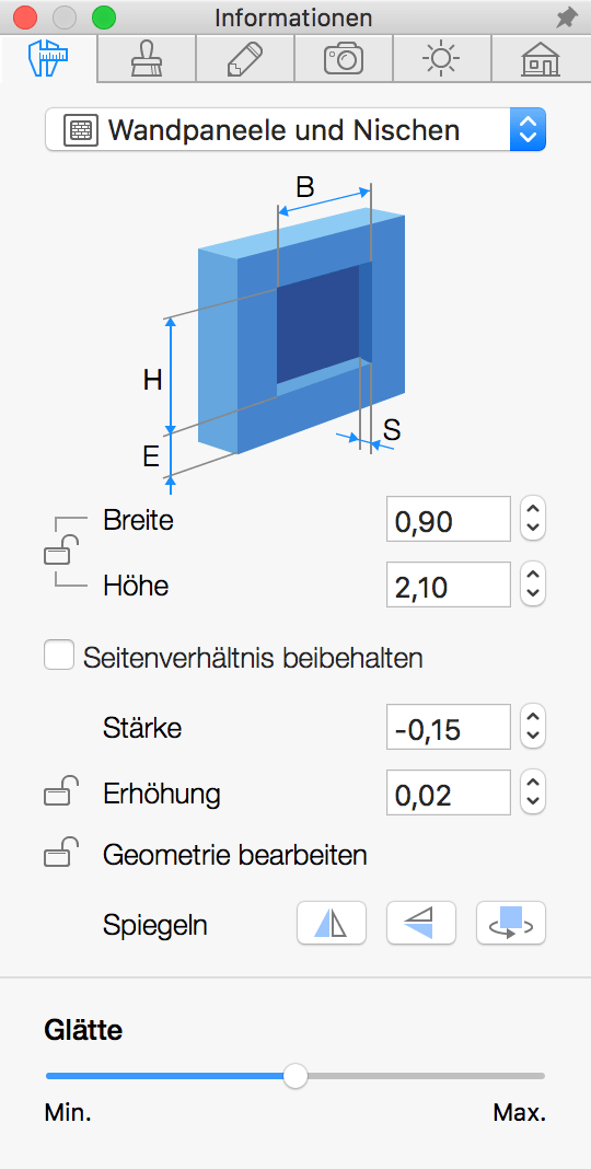 Parameter von Nischen und Wandpaneelen