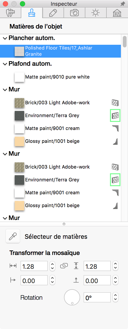 Matières de l’objet dans l’inspecteur
