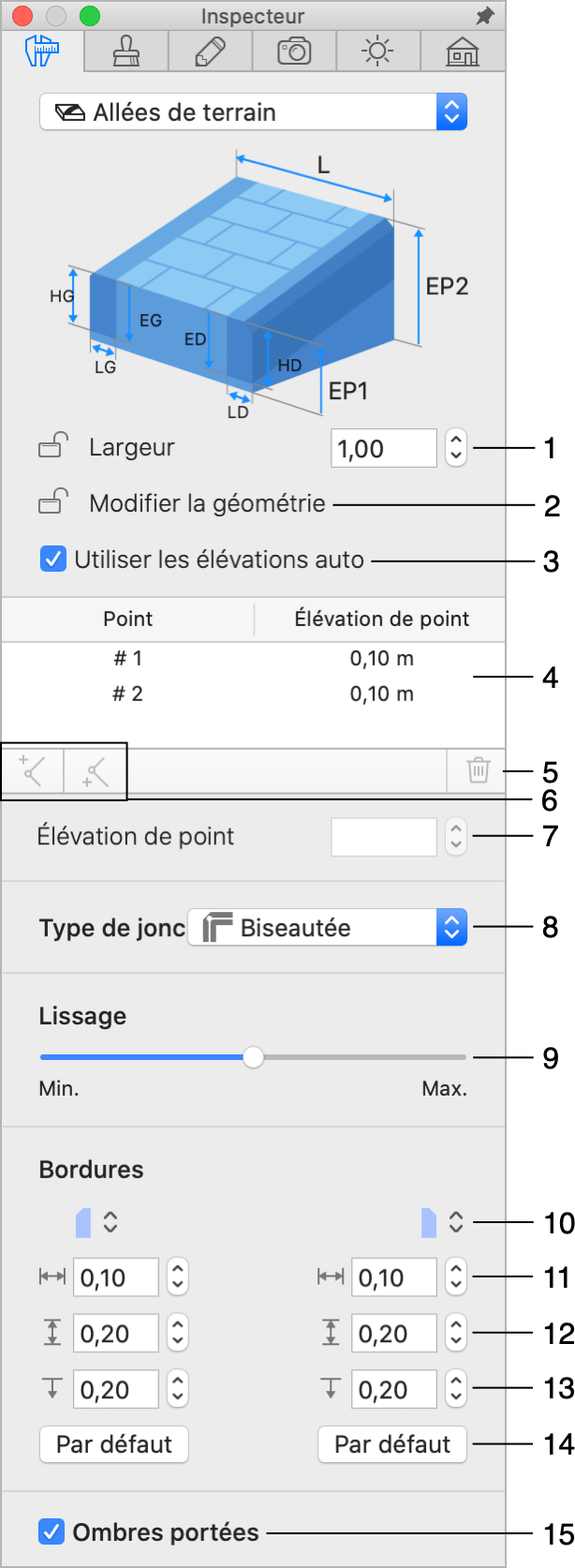 Propriétés de l’objet Allée dans l’inspecteur.