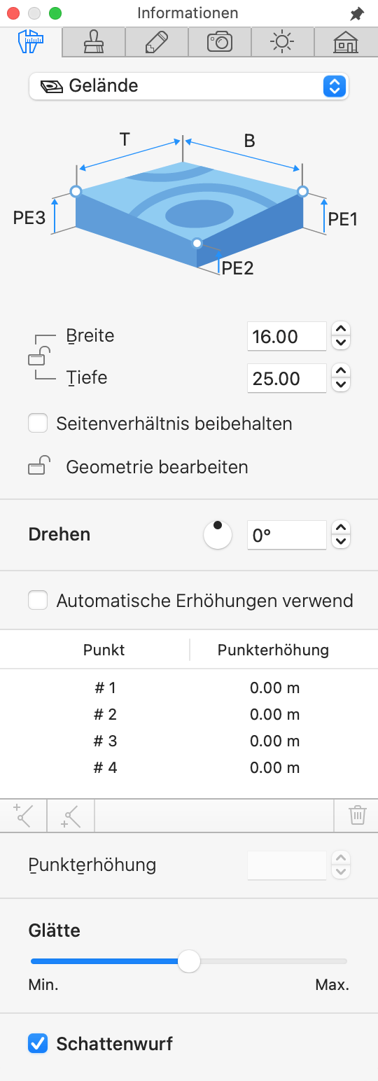 Eigenschaften des Gelände-Objekts im Informationsfenster.