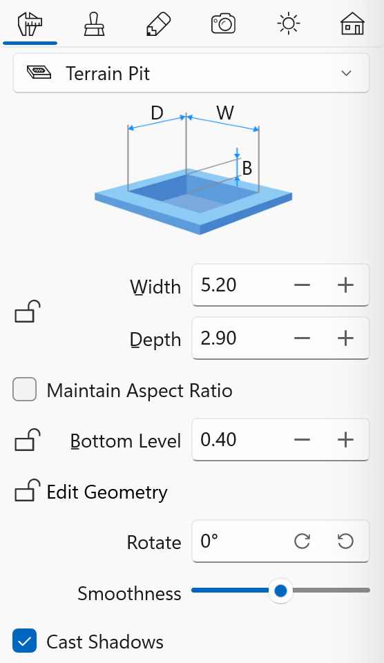 Properties of the Pit object in the Inspector.