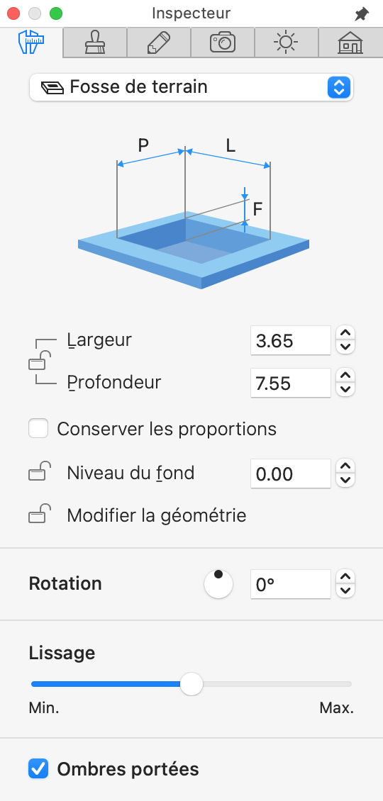 Propriétés de l’objet Fosse dans l’inspecteur.