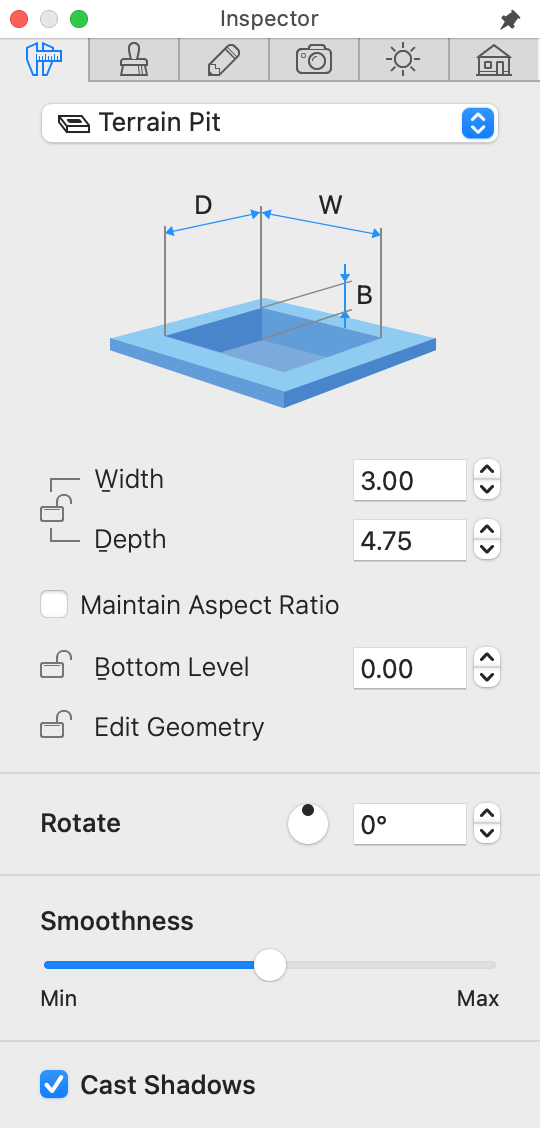 Properties of the Pit object in the Inspector.