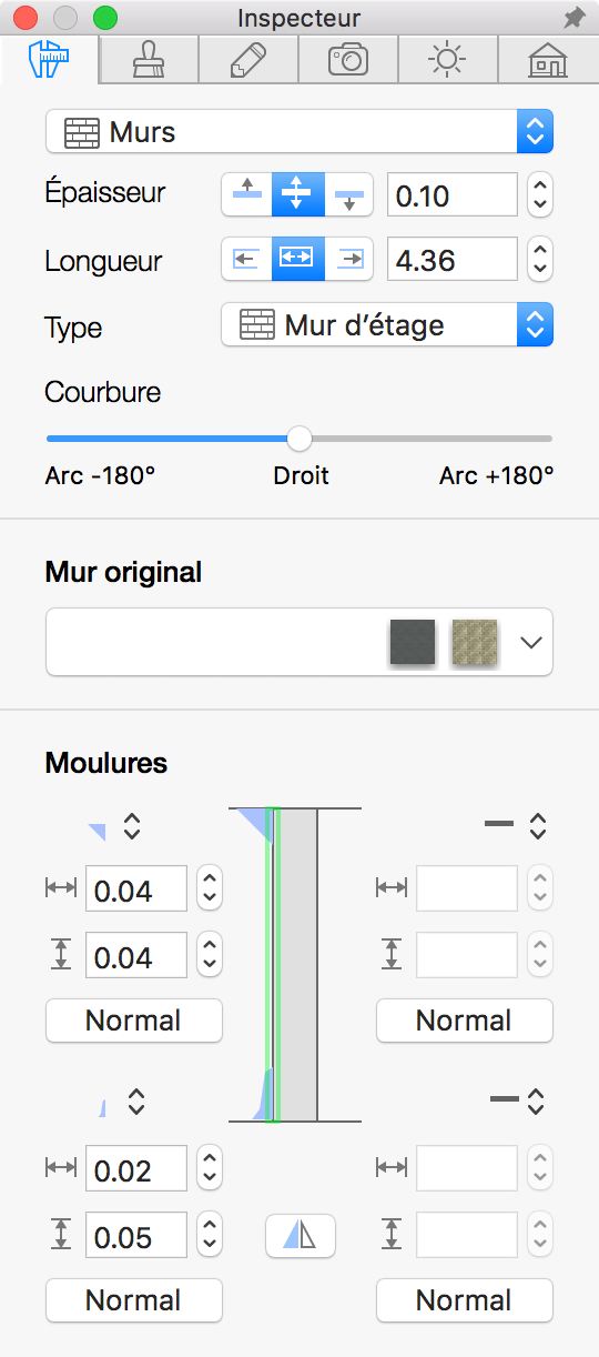 Paramètres de mur dans l’inspecteur