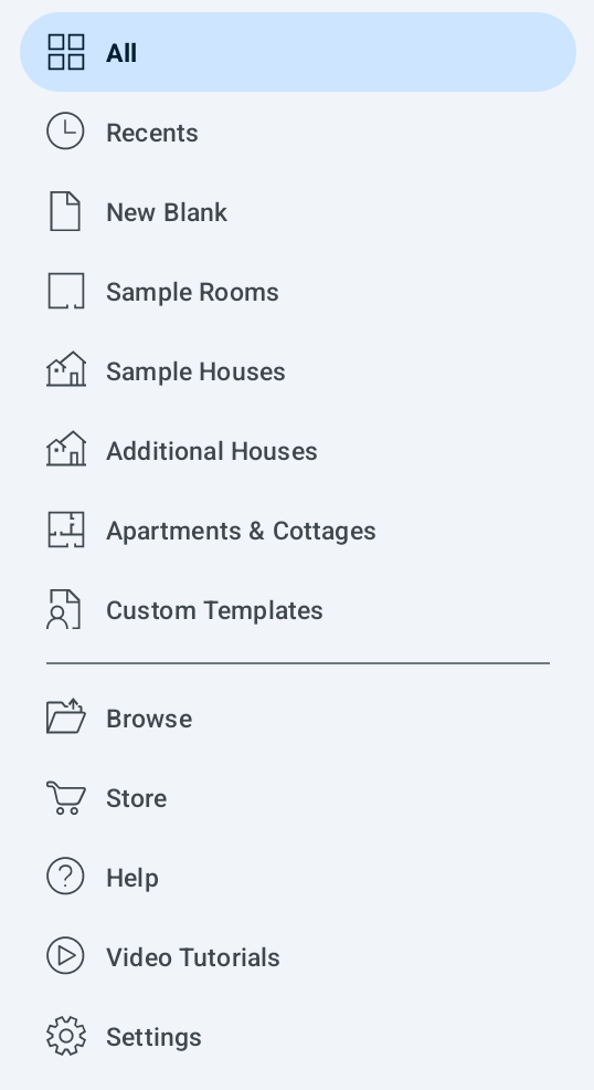 The menu panel in the Project gallery