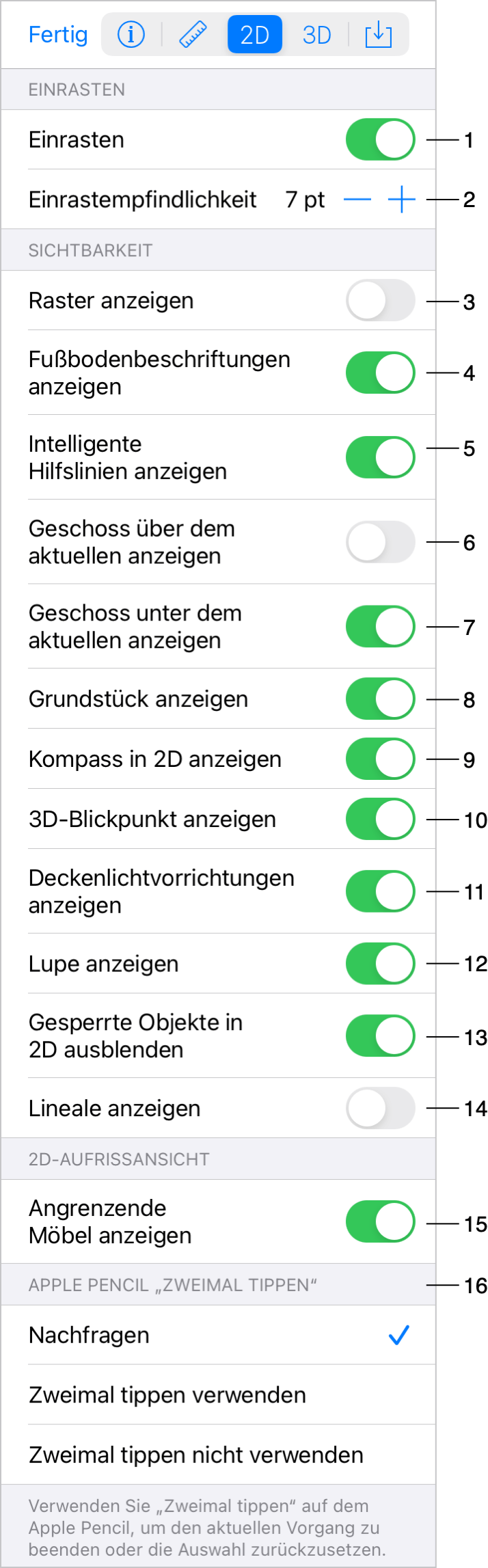 Einstellungen für die 2D-Ansicht