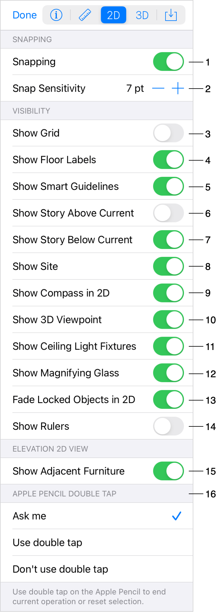 2D view settings