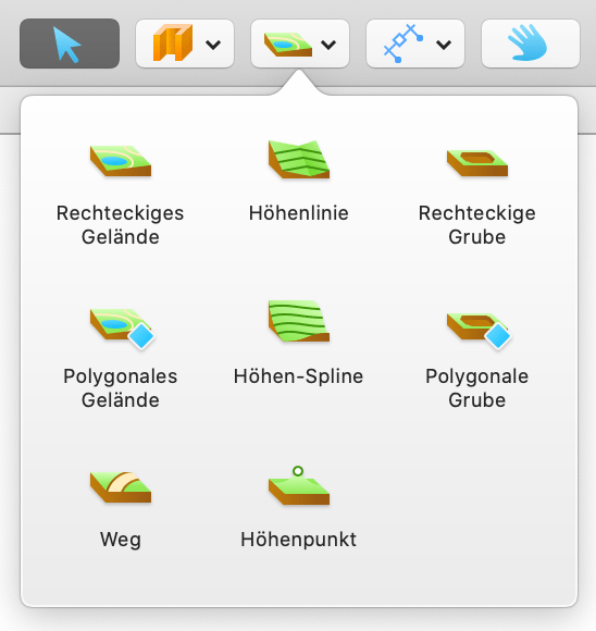 Popup-Menü mit Grundstück-Werkzeugen.