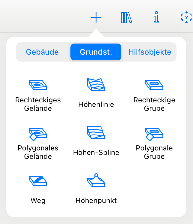 Popup-Menü mit Grundstück-Werkzeugen.