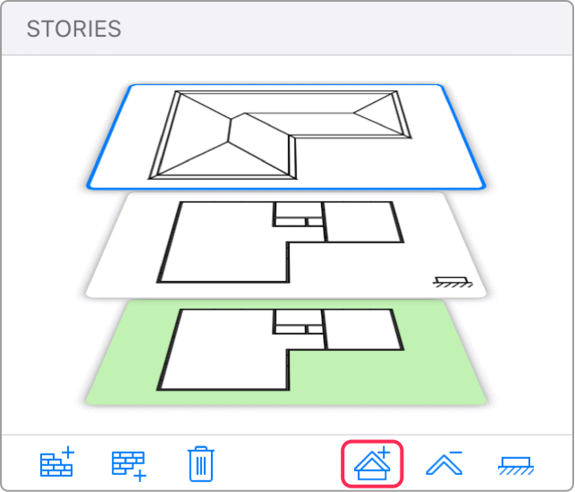 The Stories section of the Inspector with a tool to add roofs indicated